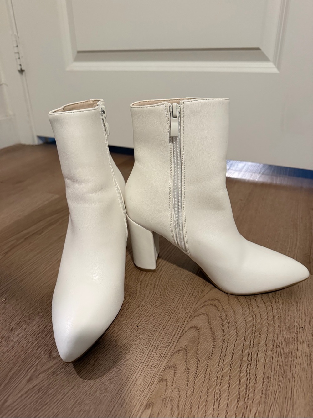 Fashion Nova White Pointed Toe Block Heel Ankle Boots